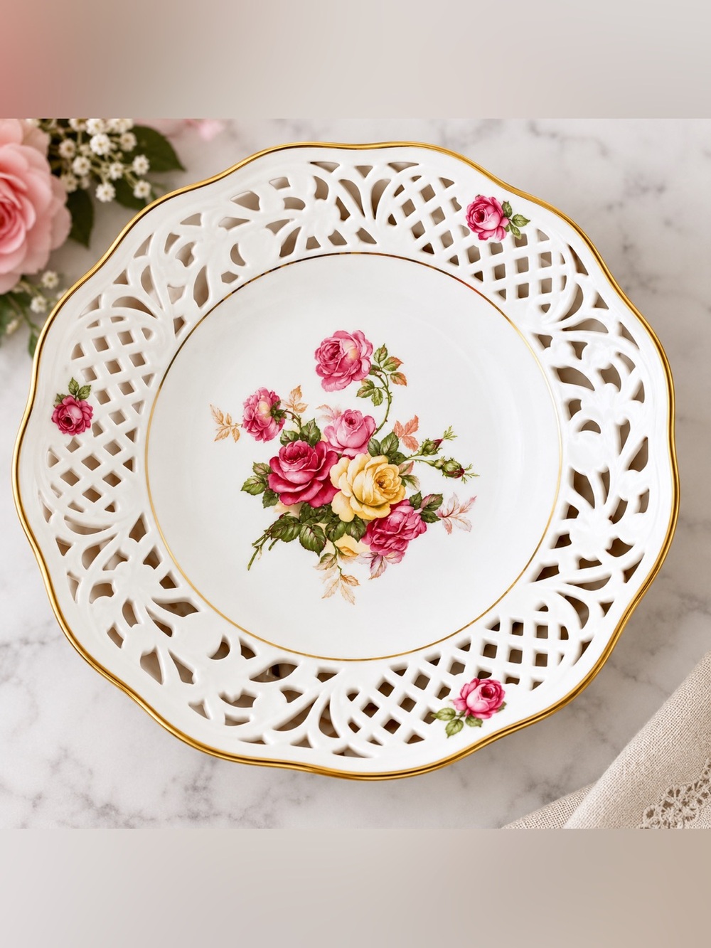 Vintage Schumann Arzberg Bavaria Reticulated Rose Porcelain Bowl